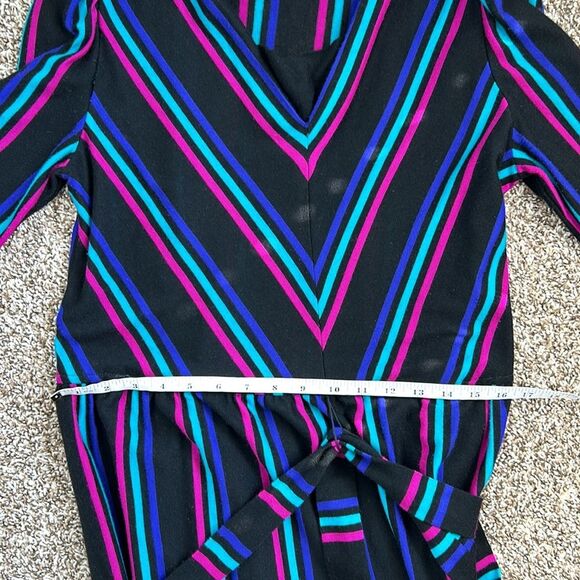 Vintage Sally Petite 80s Longsleeve Black Fit Flare Tie Chevron Striped Dress - Picture 12 of 16